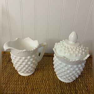 Vintage Fenton White Hobnail Milk Sugar & Cream Set OG Sticker Inside Mint